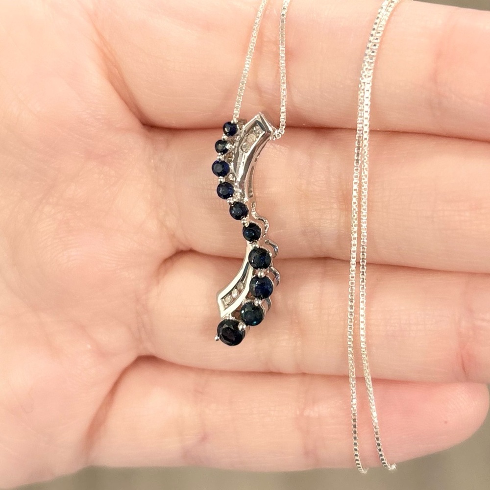 10K Sapphire Diamond Journey channel swirl natural dark blue white gold pendant - Picture 6 of 11